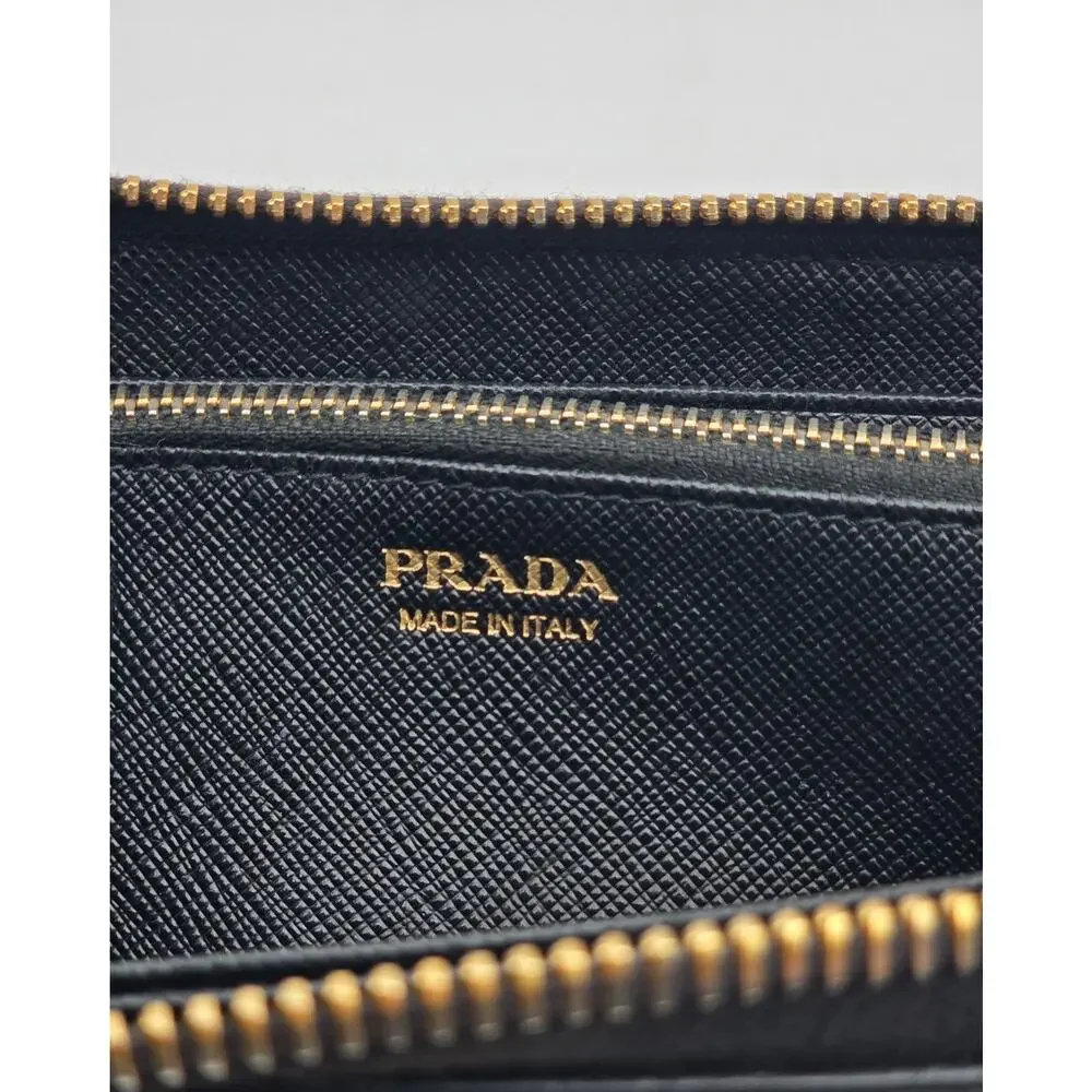 Prada Saffiano Fiocco Bow Zip Around Wallet Black Leather Gold Logo Italy